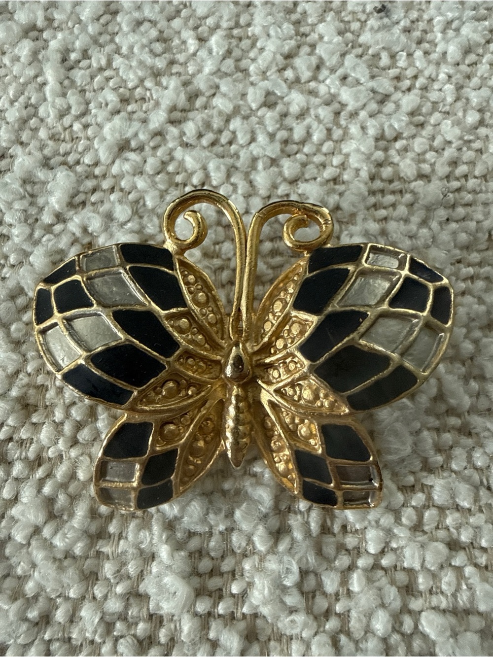 Vintage Mosaic Enamel Butterfly Brooch Gold Tone Geometric Pin